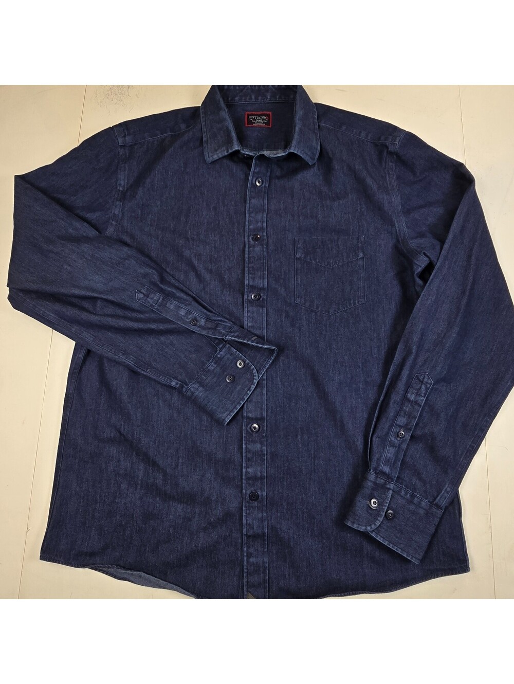 UNTUCKit Men's Cinzano Wrinkle Free Denim 100% Cotton Pocket Blue Shirt Large L